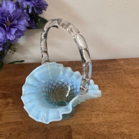 Fenton Hobnail Blue Opalescent Ruffled Basket Clear Twisted Handle Vintage Glass - Picture 2 of 5